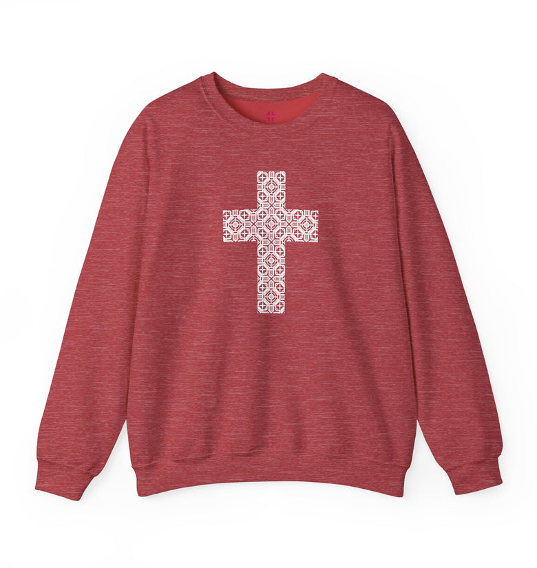Techno White Cross Unisex Heavy Blend™ Crewneck Sweatshirt - Perfect for Comfort and Style